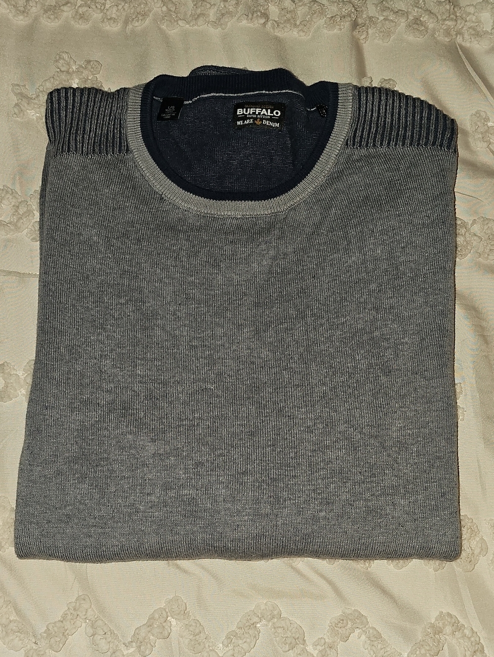 Buffalo David Bitton Gray Crewneck Sweater with Navy Elbow Patches